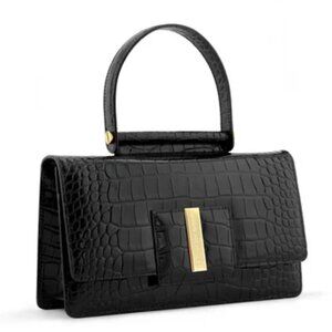 NWT HUGO VOLPINO Alessia calfskin croc leather Satchel crossbody Black with Gold